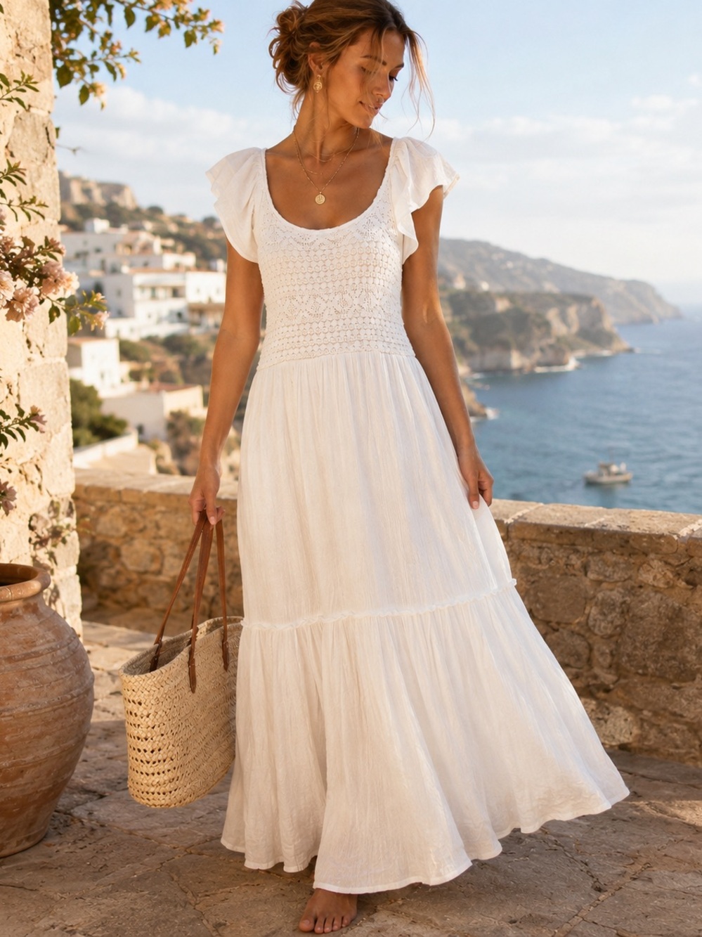 JAPNA White Crochet Bodice Coastal Romantic Maxi Dress Boho Resort